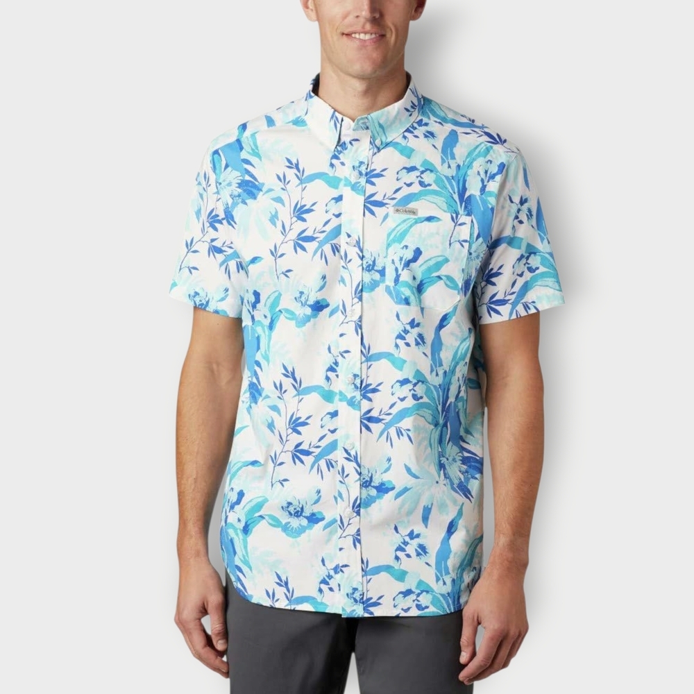 NWT Columbia Rapid Rivers Printed Short Sleeve Shirt  Hawaiian Palm Blue Small